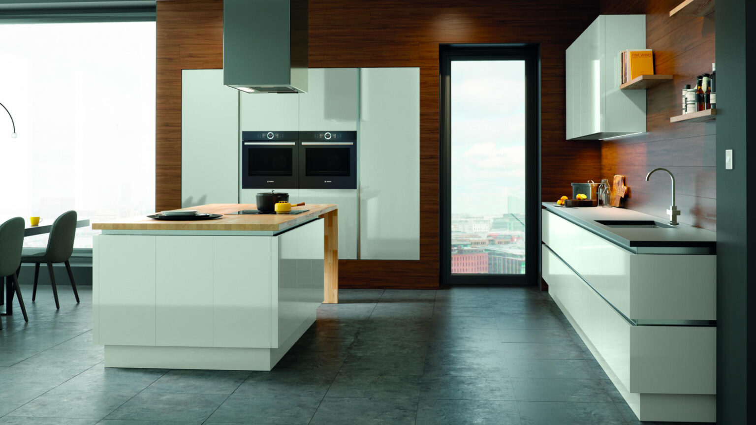 Light Grey Painted Gloss Handleless Slab Kitchen